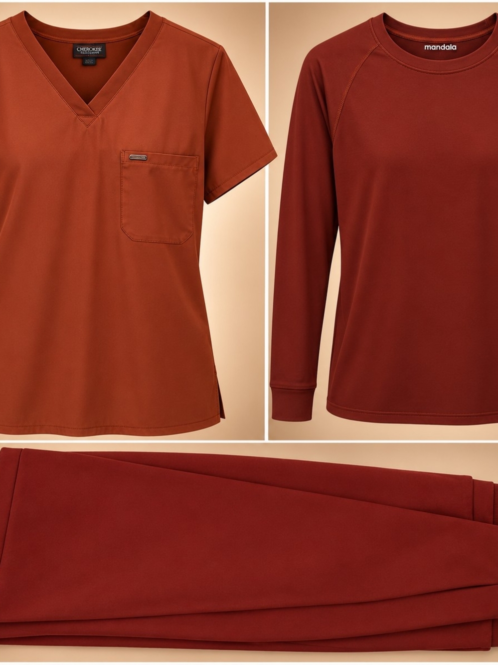 Mandala Women's Rust V-Neck Scrub Top and Long Sleeve Set